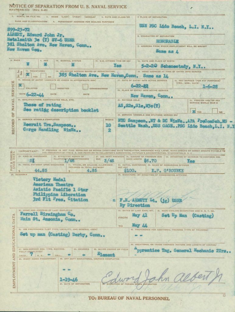 WWII Navy military service record discharge seaman