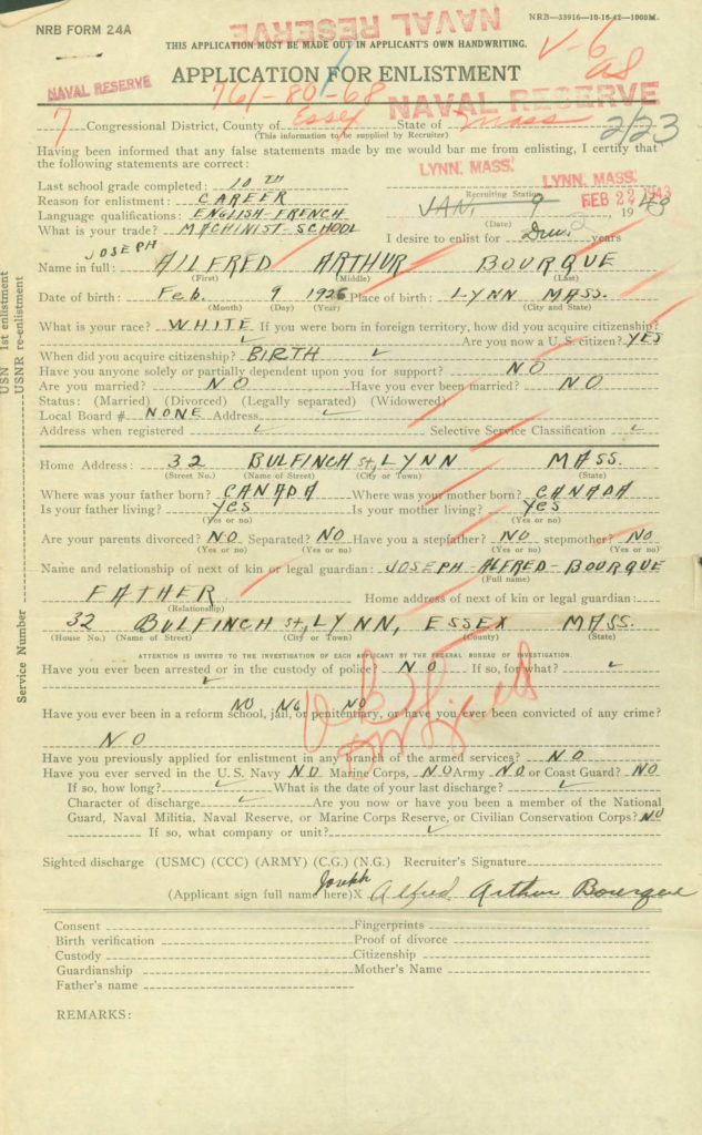 WWII Navy military service record application for enlistment