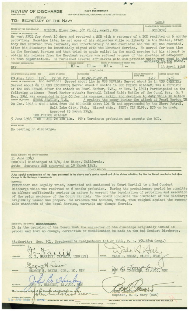 WWII Navy military service record discharge review-disciplinary report