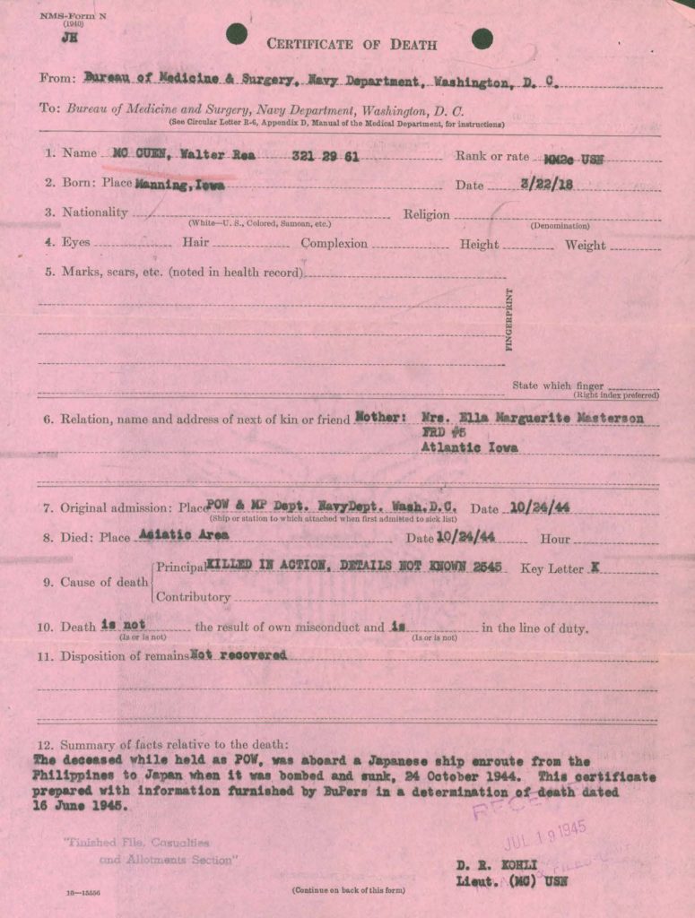 WWII Navy military service record medical death survey