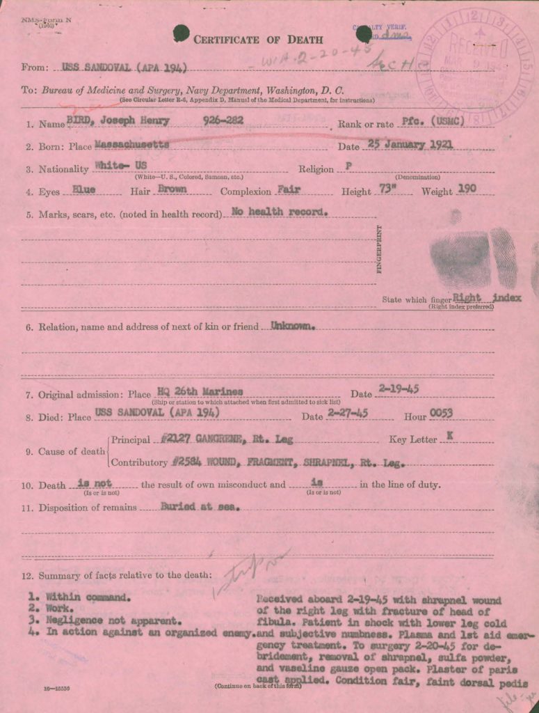 WWII Marine Corps military service record death certificate