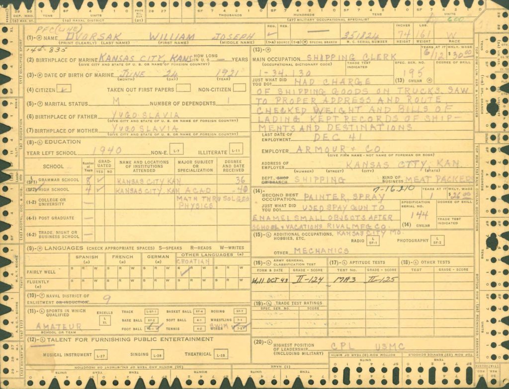  WWII Marine Corps military service record qualification card
