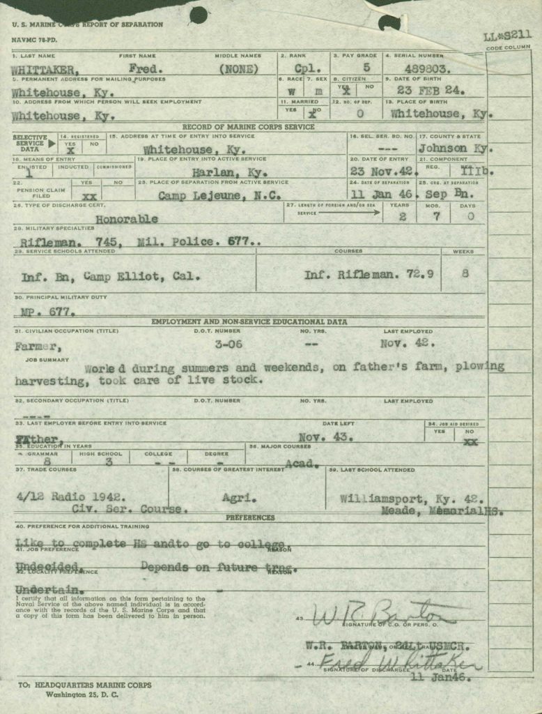 WWII Marine Corps military service record -report of separation-discharge