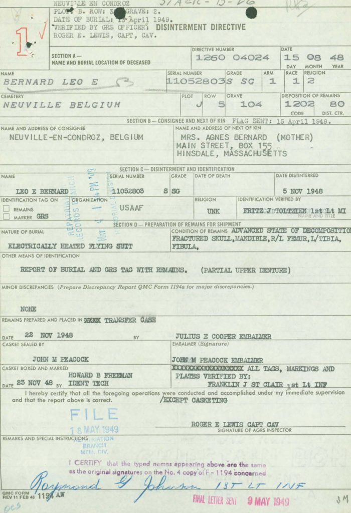 WWII I.D.P.F. disinterment directive transfer of remains
