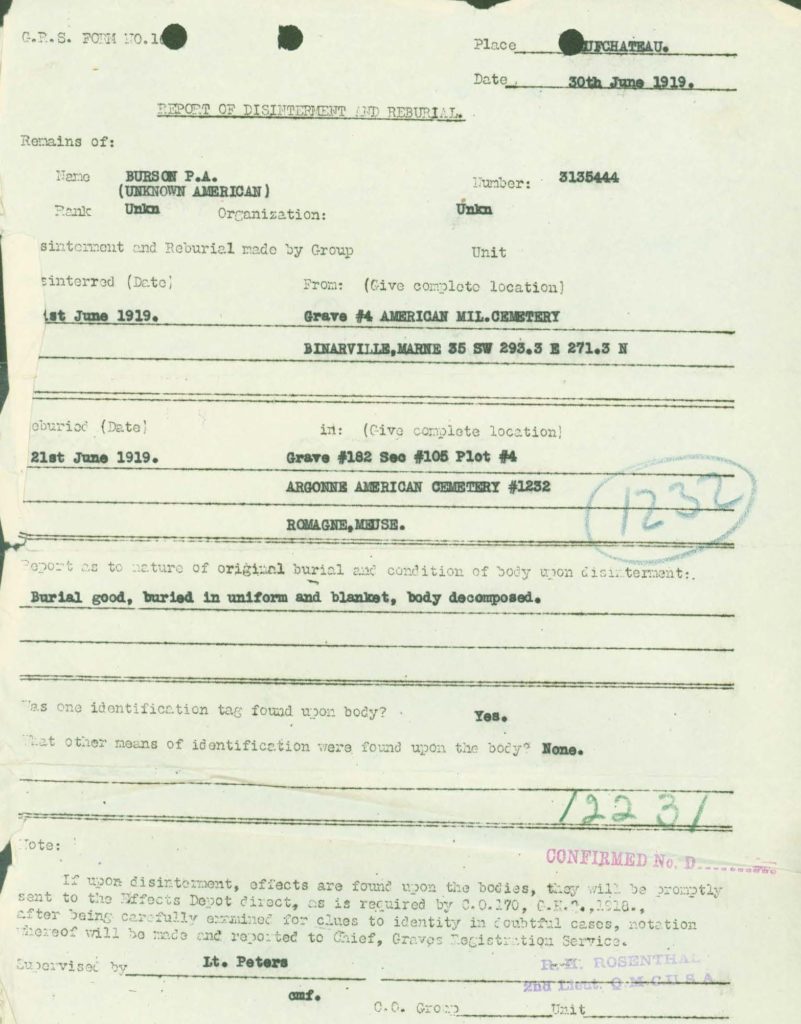 WWI I.D.P.F. disinterment documents 