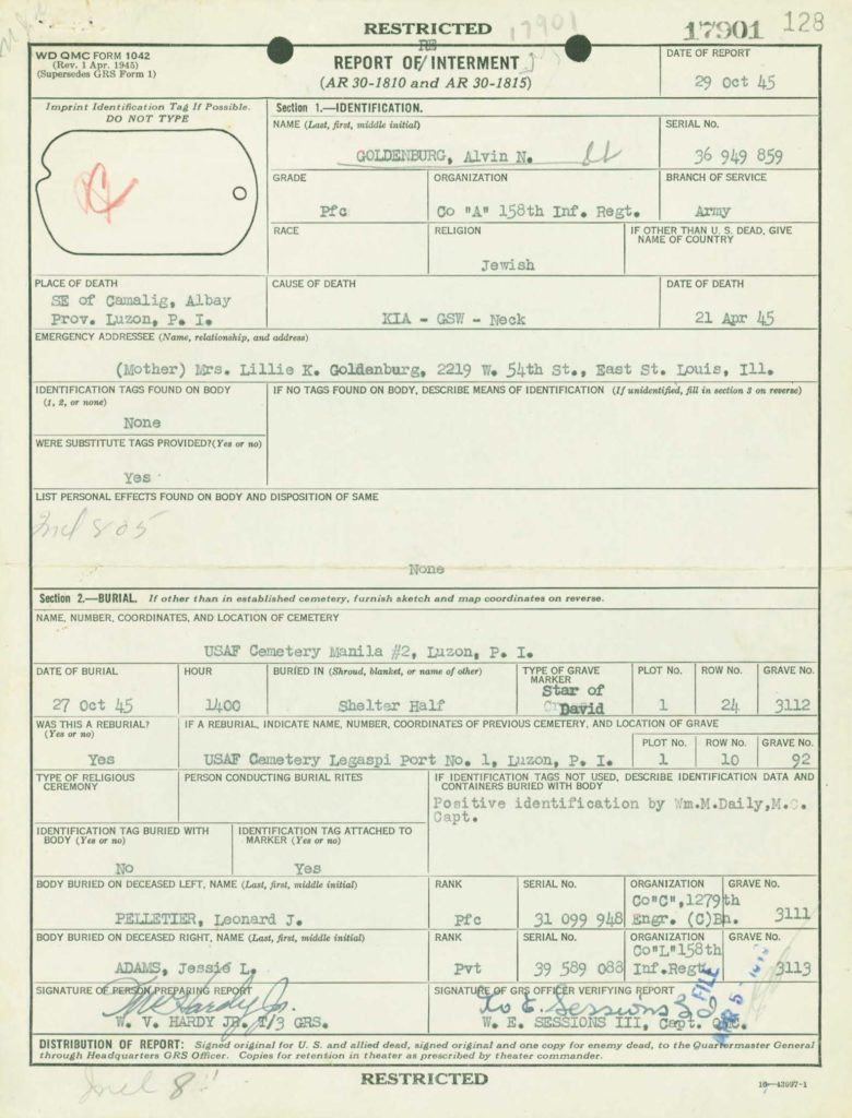 Records showing burial info from WWII I.D.P.F. casualty