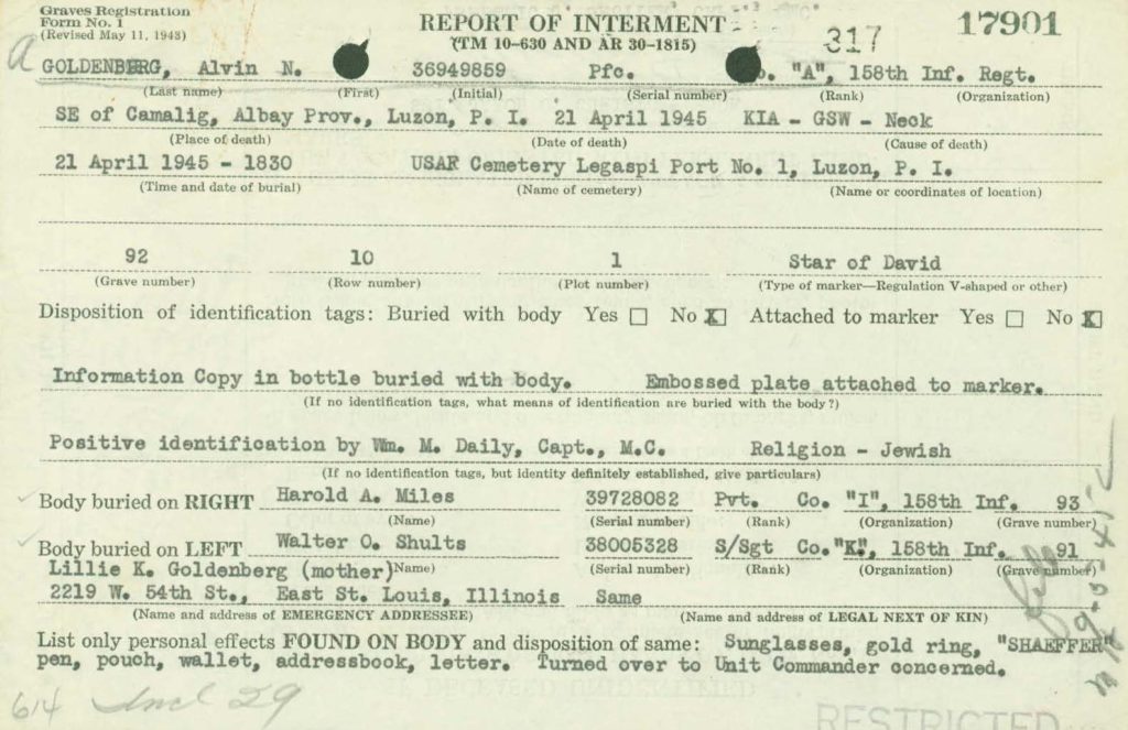 burial records from WWII I.D.P.F. KIA casualty