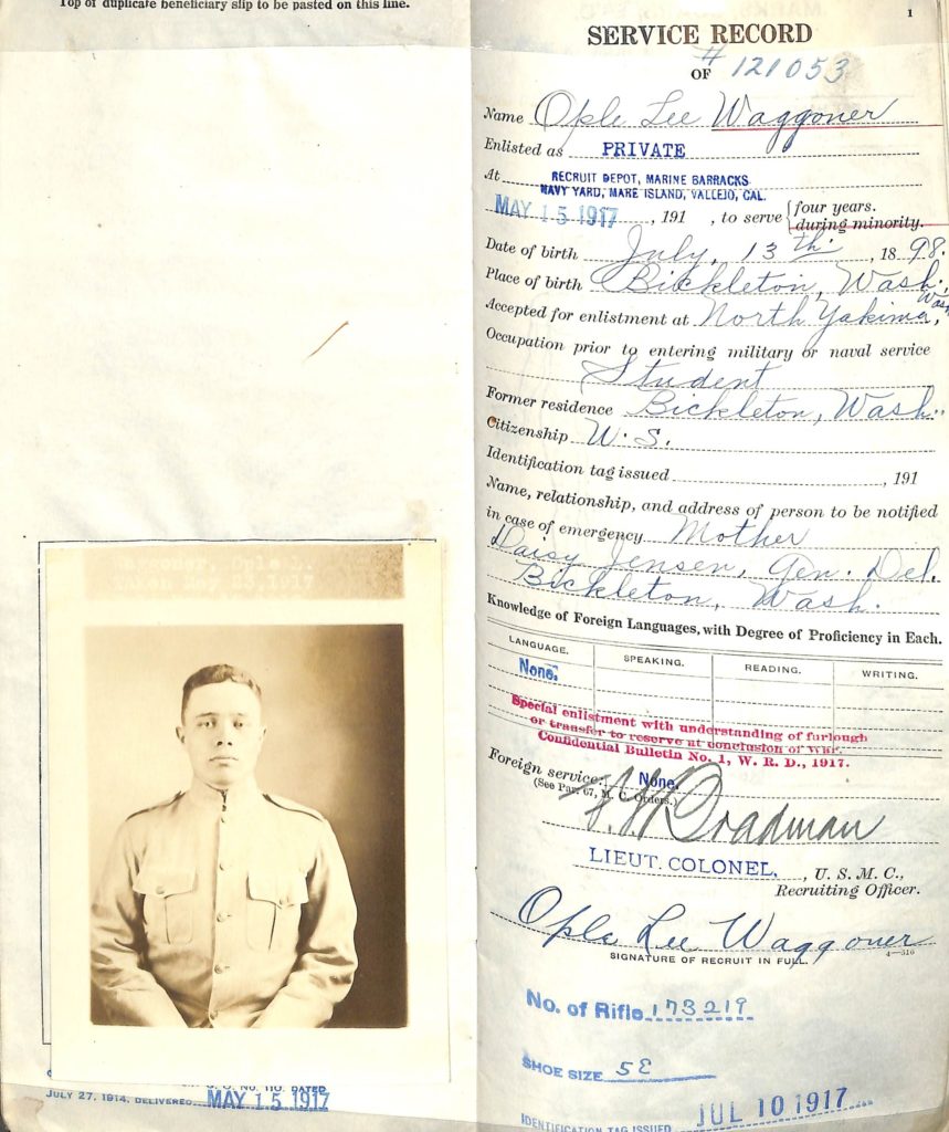 WWI U.S.M.C. service record book example