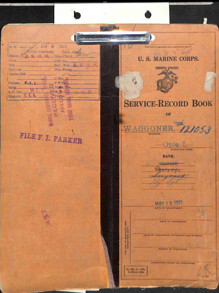 WWI U.S.M.C. service record book cover page 