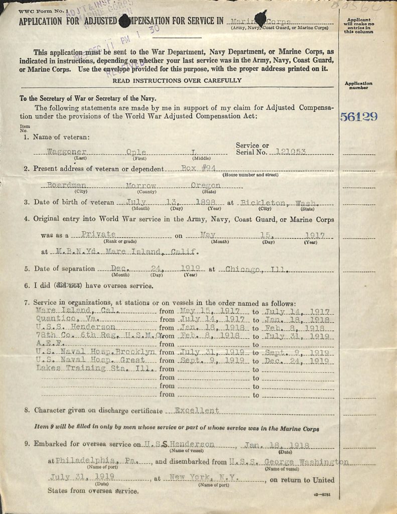 Bonus Act application of WWI Marine 