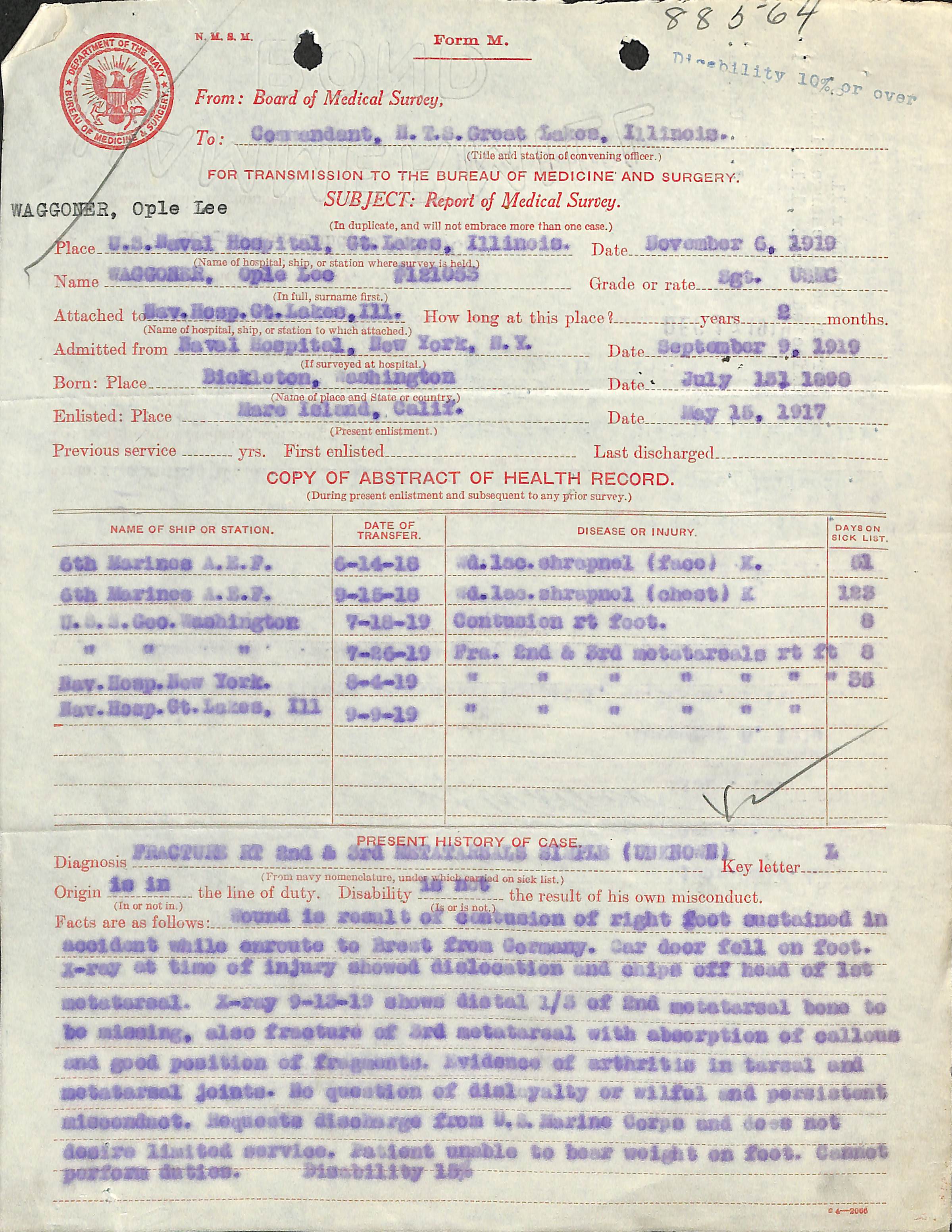 Medical records from WWI U.S.M.C. service record