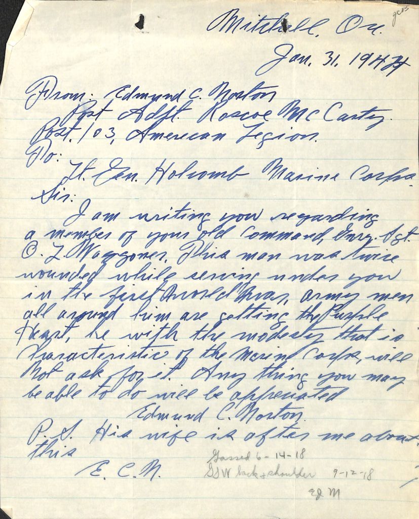 Correspondence from WWI U.S.M.C. service record