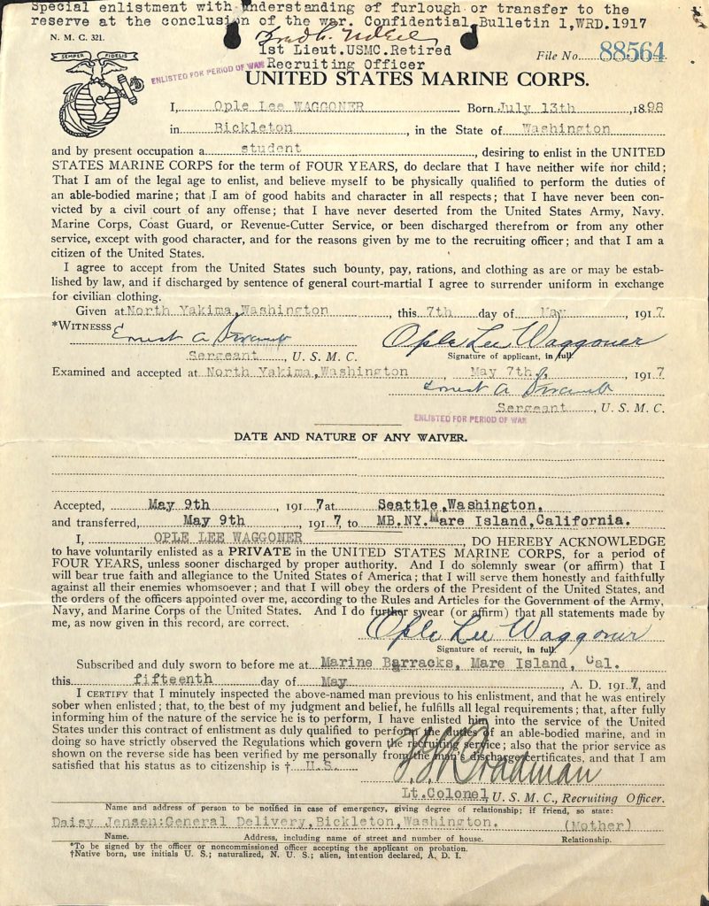 WWI Marine Corps enlistment document