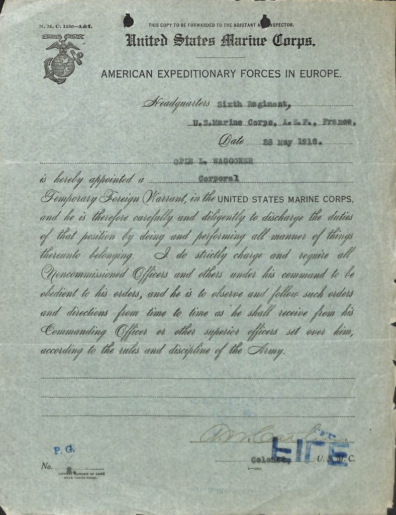 Example of WWI Marine Corps promotion document