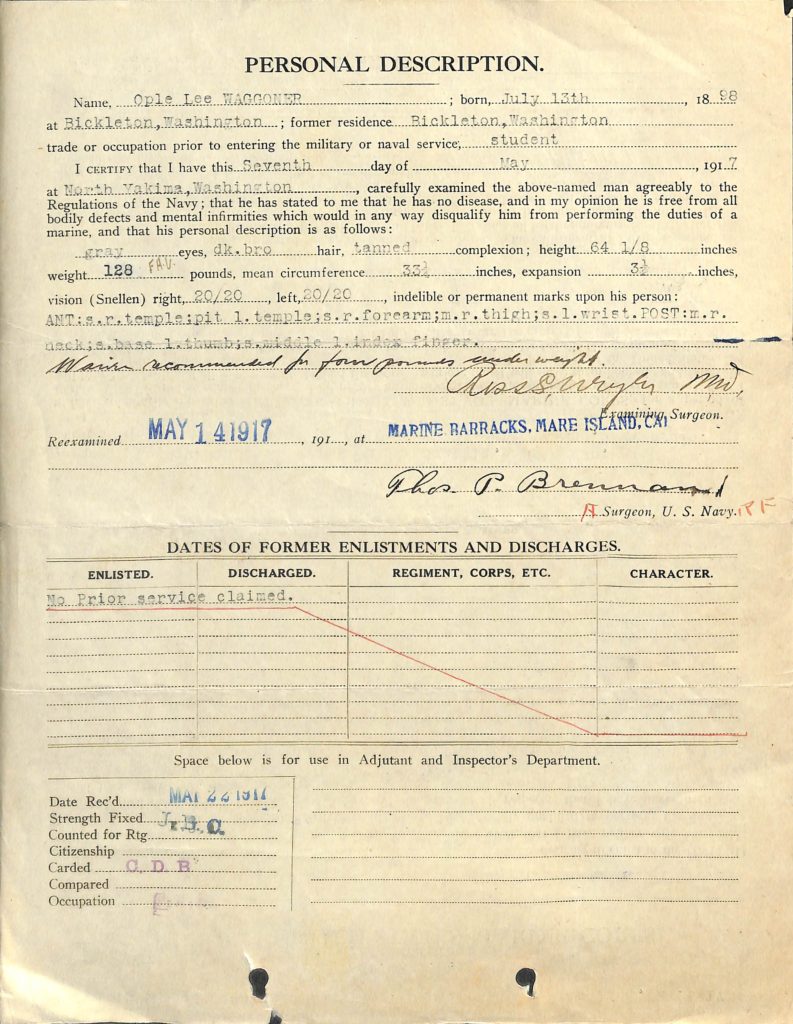 example of WWI Marine Corps enlistment document